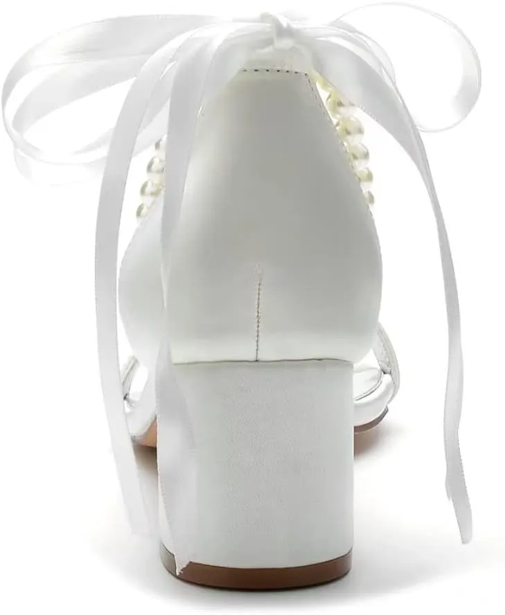 Block Heel Bridal Shoes Pearls Wedding Heeled Sandals Bride Chunky Heels