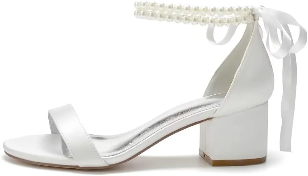 Block Heel Bridal Shoes Pearls Wedding Heeled Sandals Bride Chunky Heels
