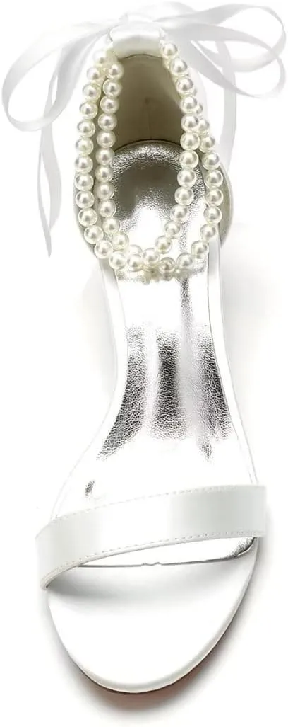 Block Heel Bridal Shoes Pearls Wedding Heeled Sandals Bride Chunky Heels