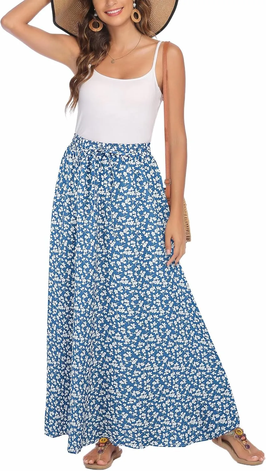 Bluetime Women Flowy Long Skirts Summer Beach Pleated Elastic High Waisted Casual Maxi Skirts