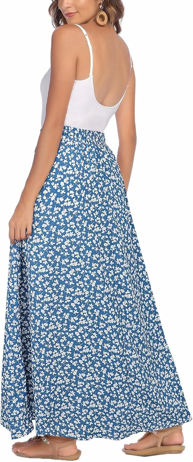 Bluetime Women Flowy Long Skirts Summer Beach Pleated Elastic High Waisted Casual Maxi Skirts