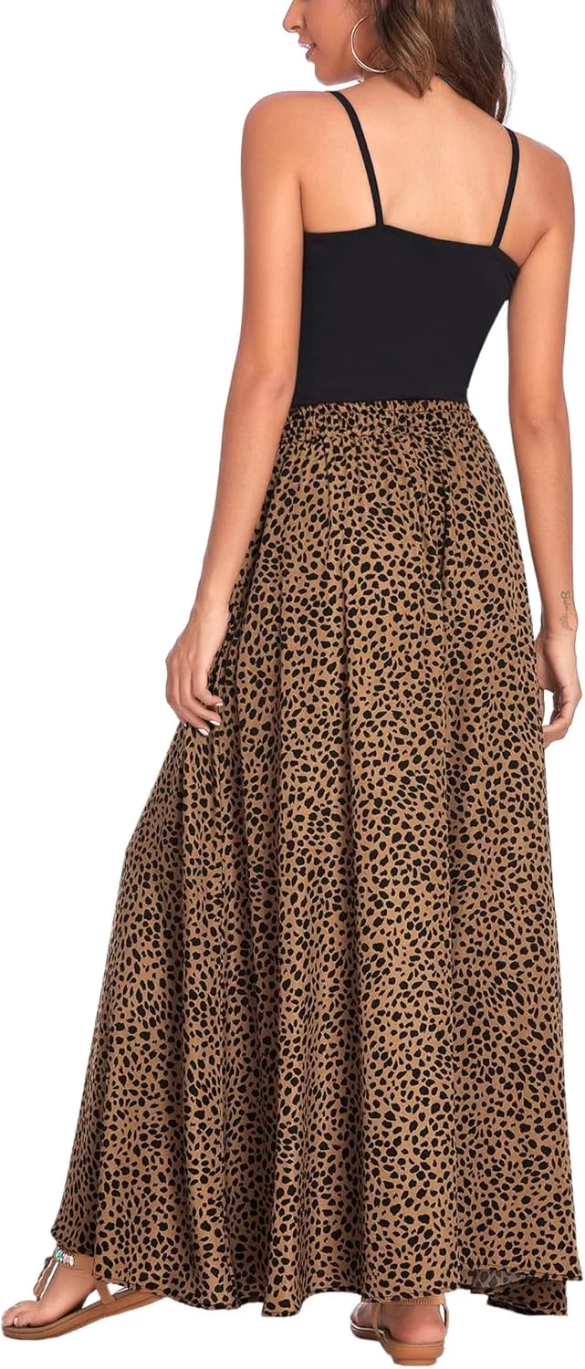Bluetime Women Flowy Long Skirts Summer Beach Pleated Elastic High Waisted Casual Maxi Skirts