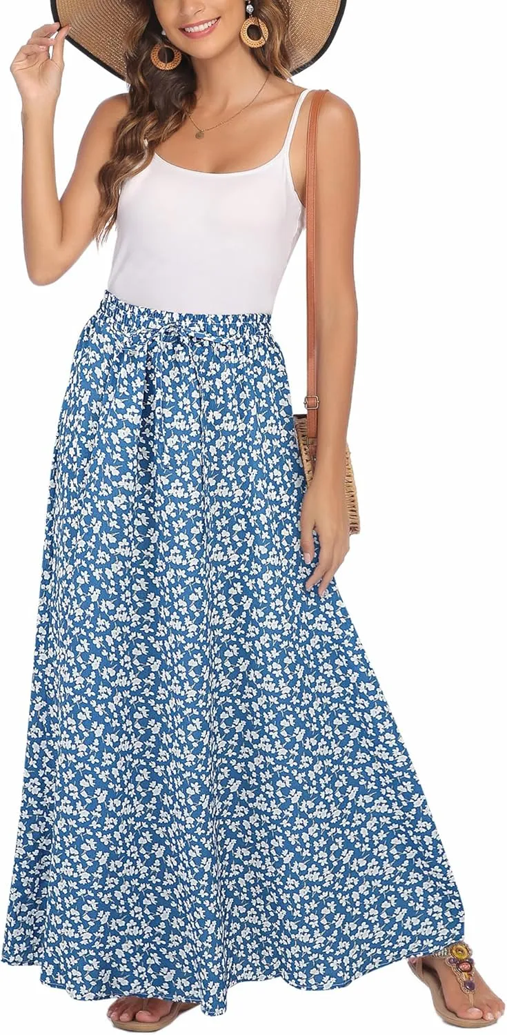 Bluetime Women Flowy Long Skirts Summer Beach Pleated Elastic High Waisted Casual Maxi Skirts
