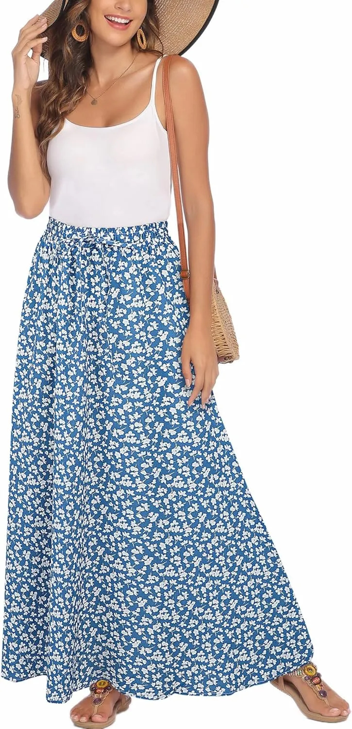 Bluetime Women Flowy Long Skirts Summer Beach Pleated Elastic High Waisted Casual Maxi Skirts