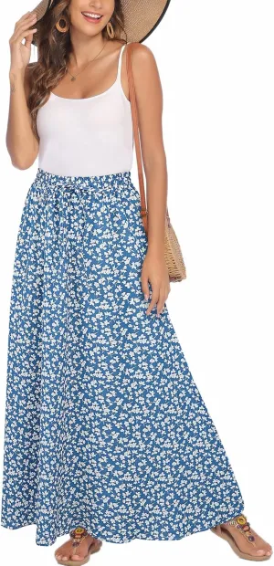 Bluetime Women Flowy Long Skirts Summer Beach Pleated Elastic High Waisted Casual Maxi Skirts