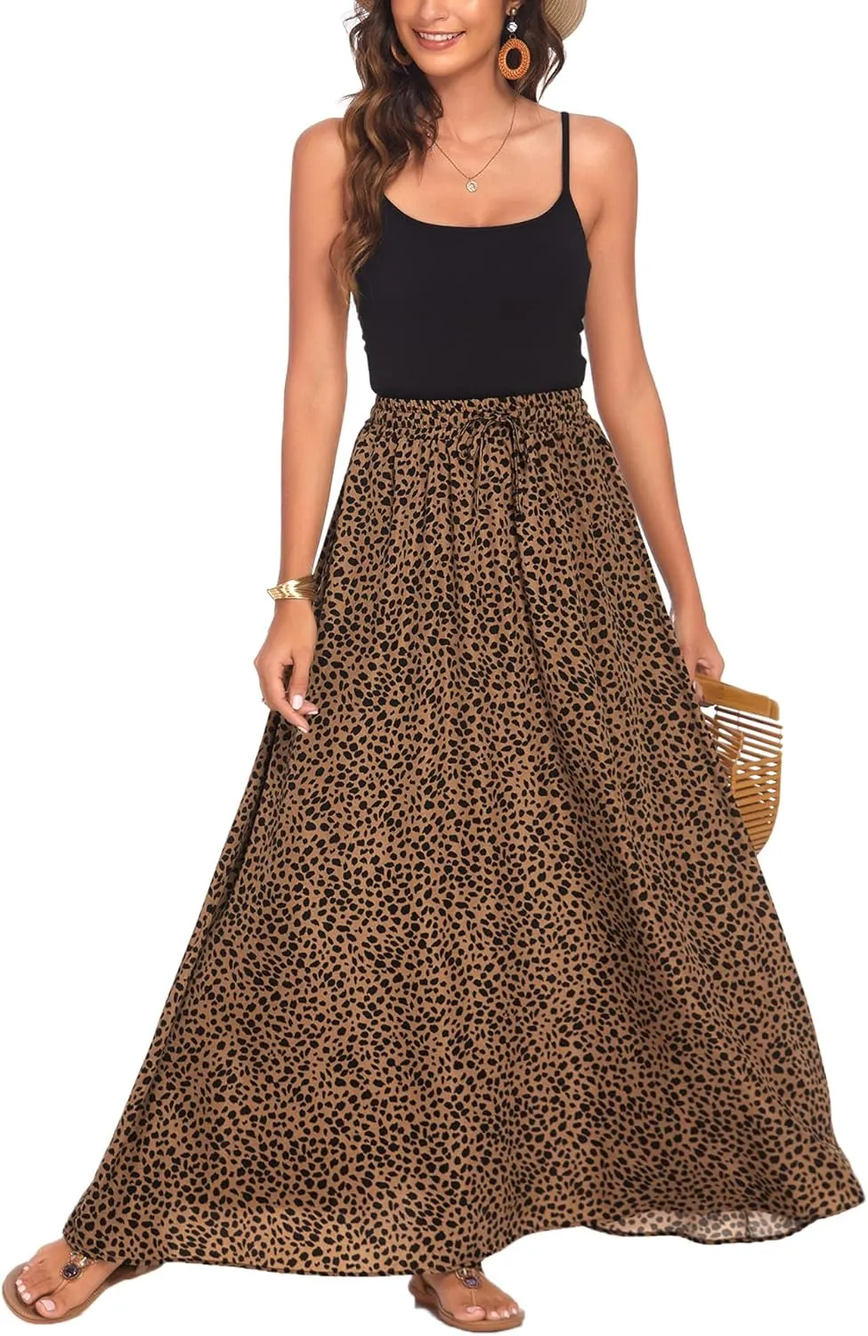 Bluetime Women Flowy Long Skirts Summer Beach Pleated Elastic High Waisted Casual Maxi Skirts
