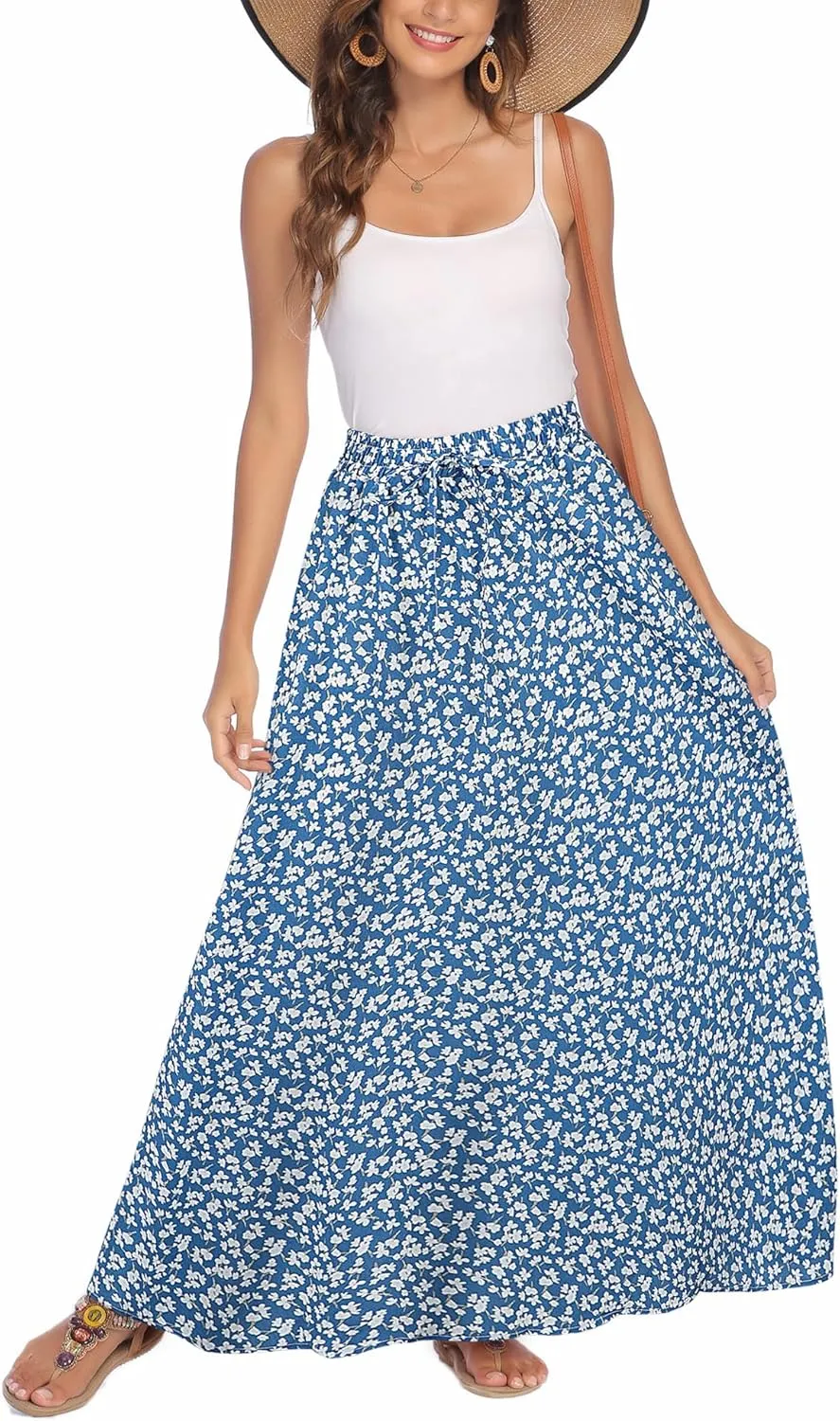 Bluetime Women Flowy Long Skirts Summer Beach Pleated Elastic High Waisted Casual Maxi Skirts