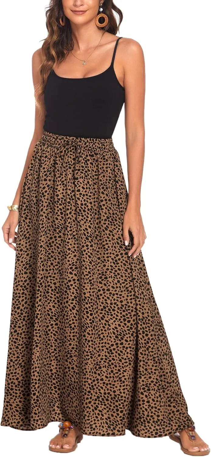 Bluetime Women Flowy Long Skirts Summer Beach Pleated Elastic High Waisted Casual Maxi Skirts