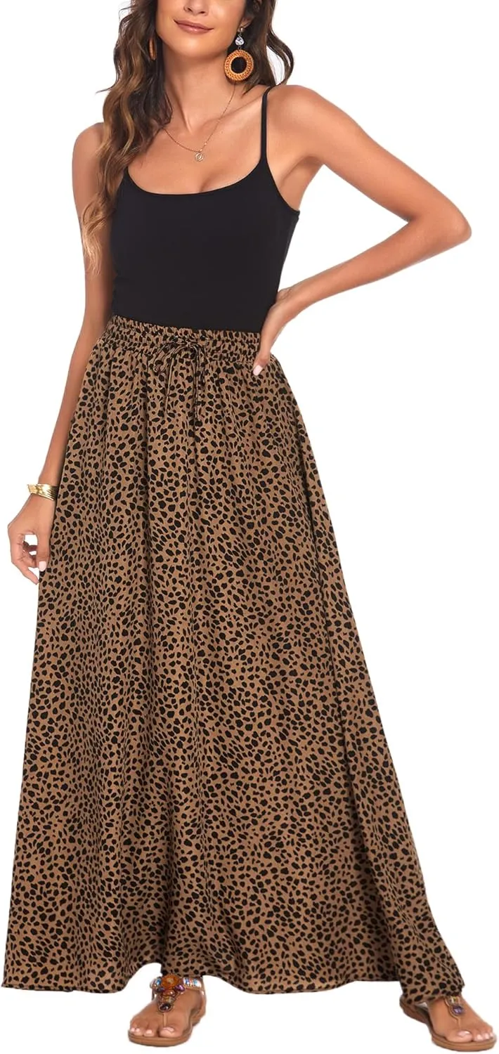 Bluetime Women Flowy Long Skirts Summer Beach Pleated Elastic High Waisted Casual Maxi Skirts
