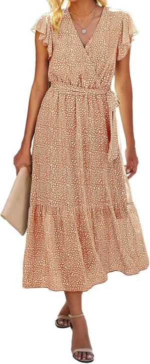BTFBM Women Summer Bohemian Floral Casual Wrap V Neck Ruffle Cap Sleeveless Belt A-Line Pleated Hem Midi Sun Dress White
