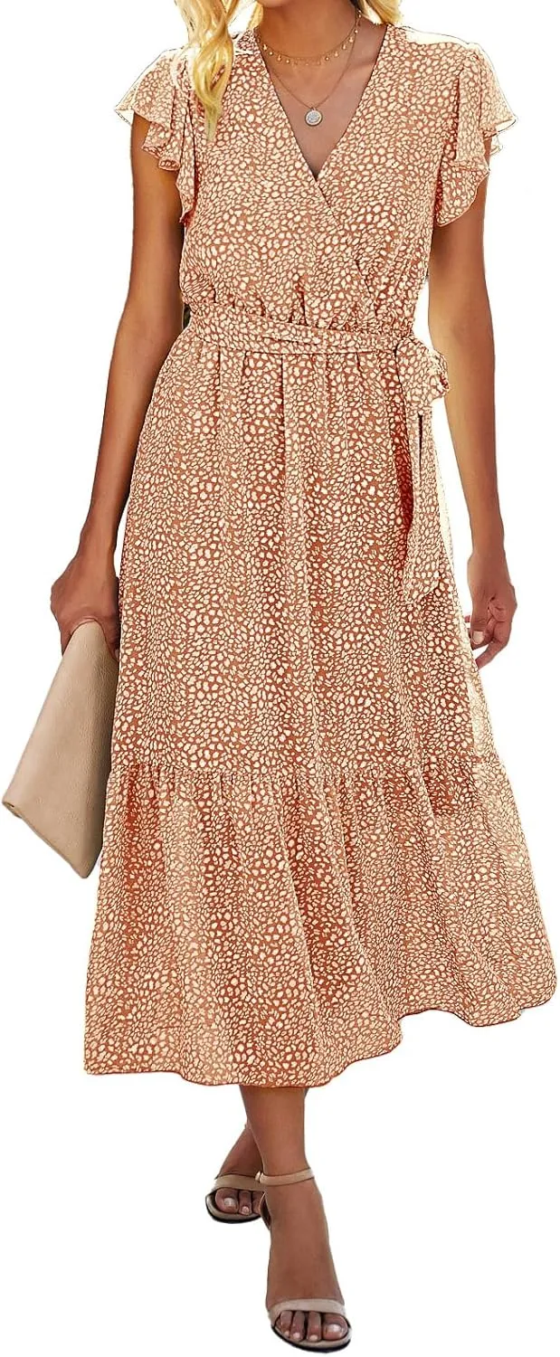 BTFBM Women Summer Bohemian Floral Casual Wrap V Neck Ruffle Cap Sleeveless Belt A-Line Pleated Hem Midi Sun Dress White