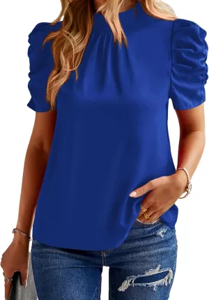 BTFBM Women's Summer Boho Shirt Top Ruffle Short Sleeve Frill Trim Mock Neck Floral Solid 2025 Casual Blouses Shirts Tops