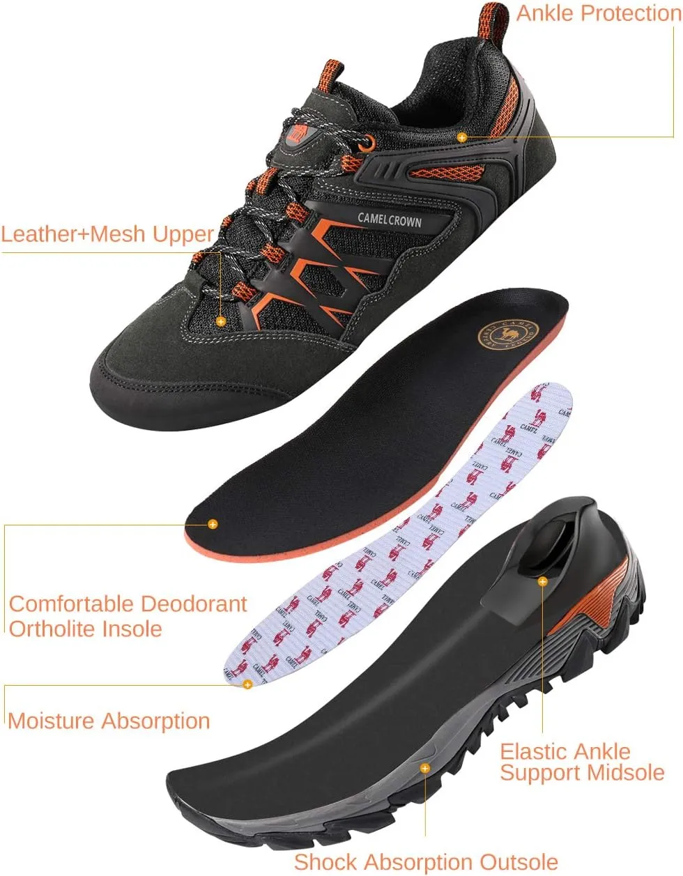 CAMEL CROWN Hiking Shoes Men Breathable Non-Slip Sneakers Lightweight Low Top for Outdoor Trailing Trekking Walking