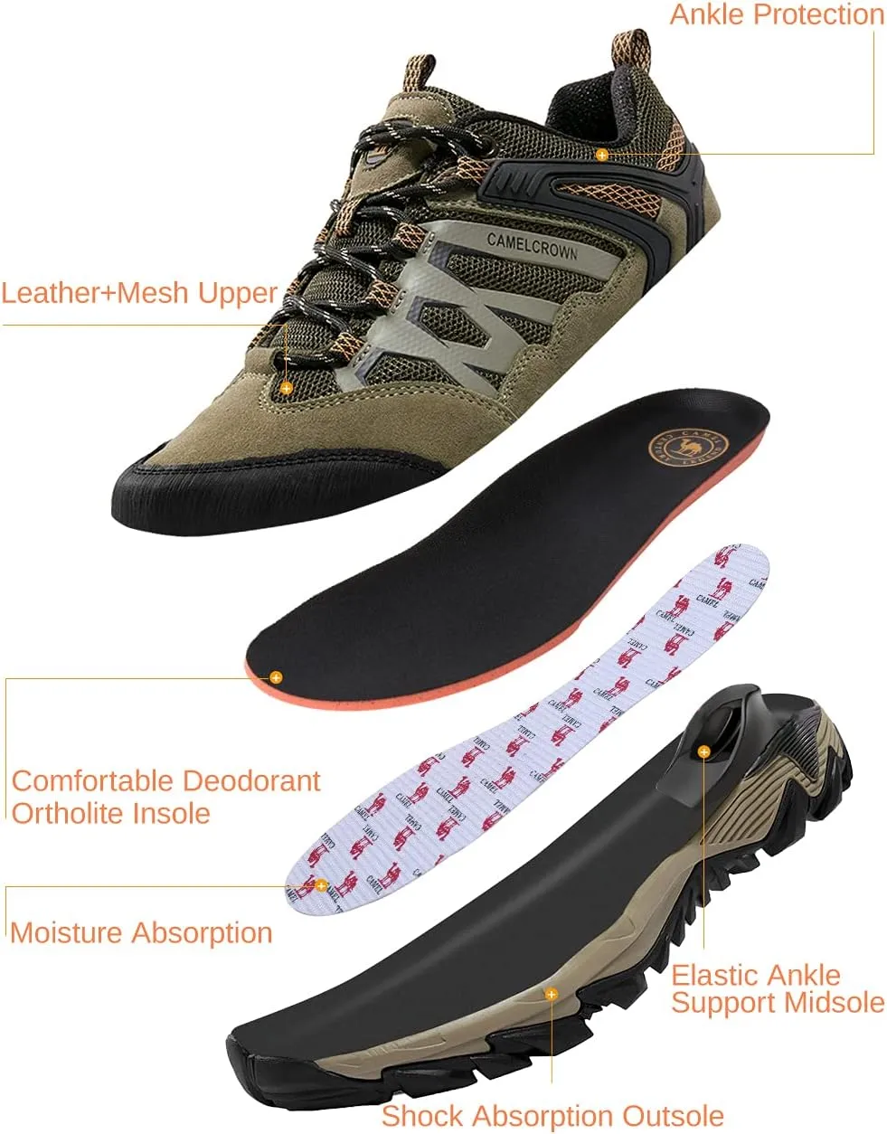 CAMEL CROWN Hiking Shoes Men Breathable Non-Slip Sneakers Lightweight Low Top for Outdoor Trailing Trekking Walking