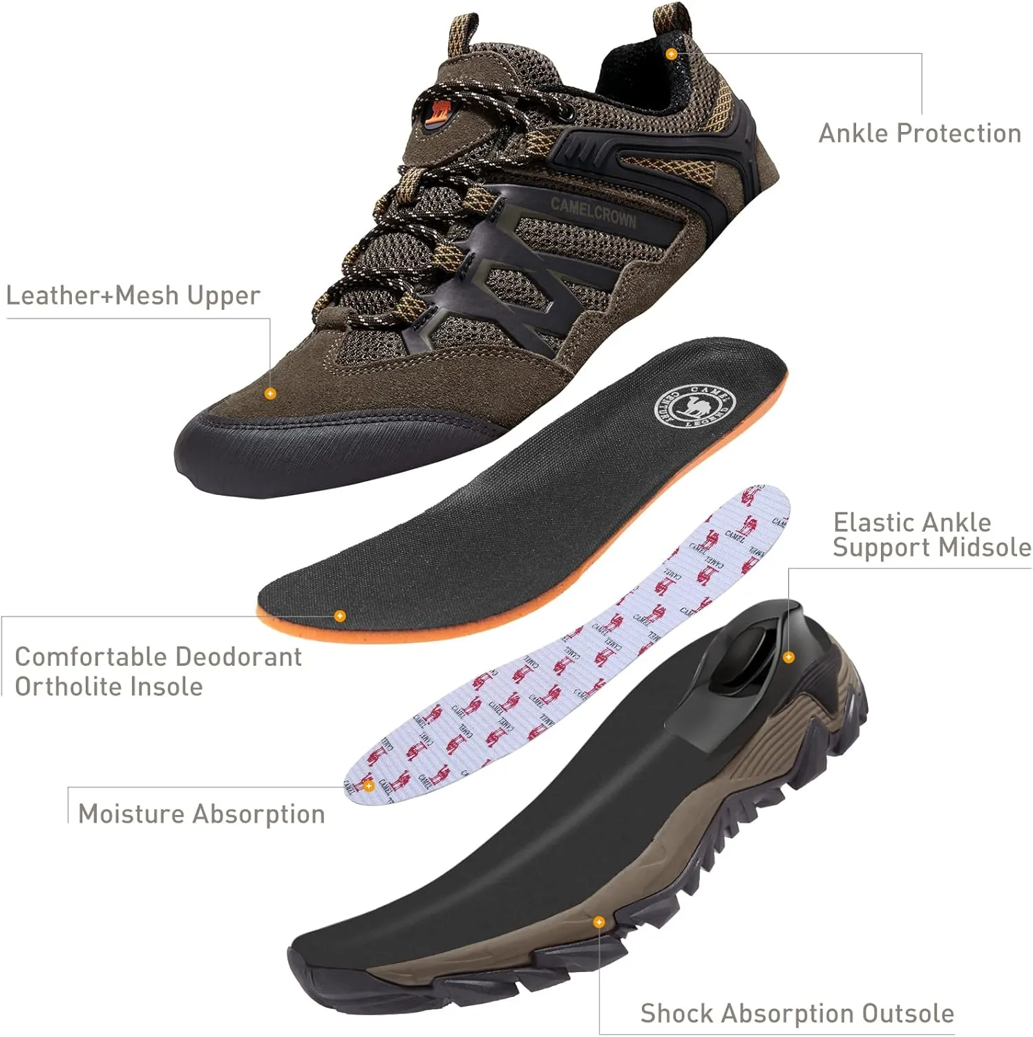 CAMEL CROWN Hiking Shoes Men Breathable Non-Slip Sneakers Lightweight Low Top for Outdoor Trailing Trekking Walking