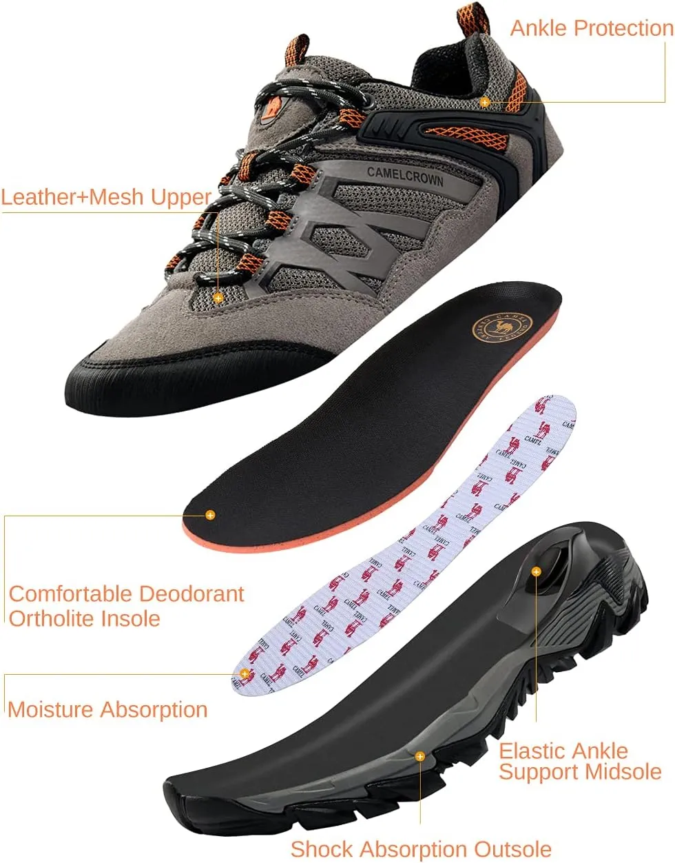 CAMEL CROWN Hiking Shoes Men Breathable Non-Slip Sneakers Lightweight Low Top for Outdoor Trailing Trekking Walking