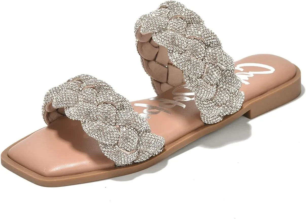 Cape Robbin Women's Slip-On Flat Sandals - Rhinestone-Embellished Braided Upper (Mana)