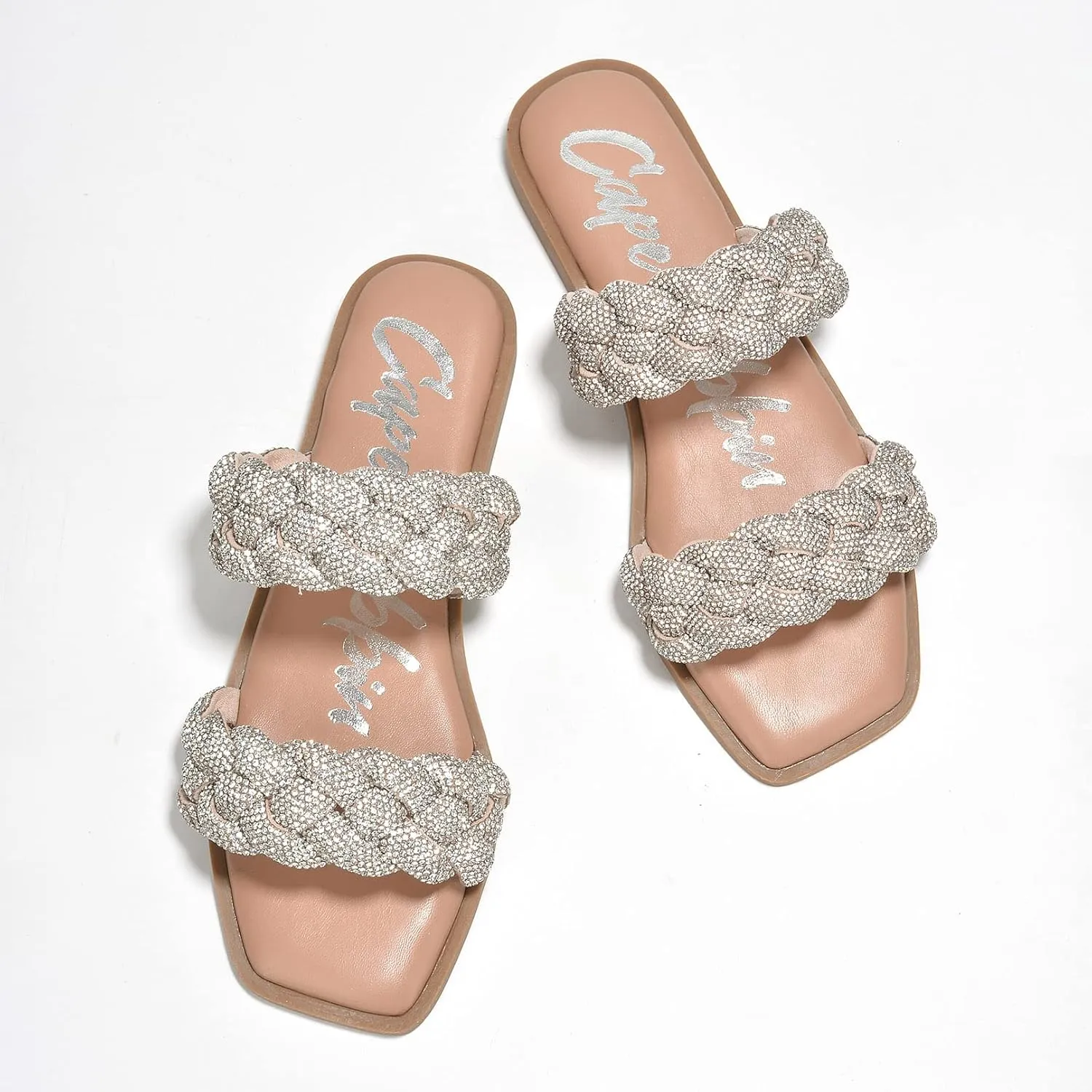 Cape Robbin Women's Slip-On Flat Sandals - Rhinestone-Embellished Braided Upper (Mana)
