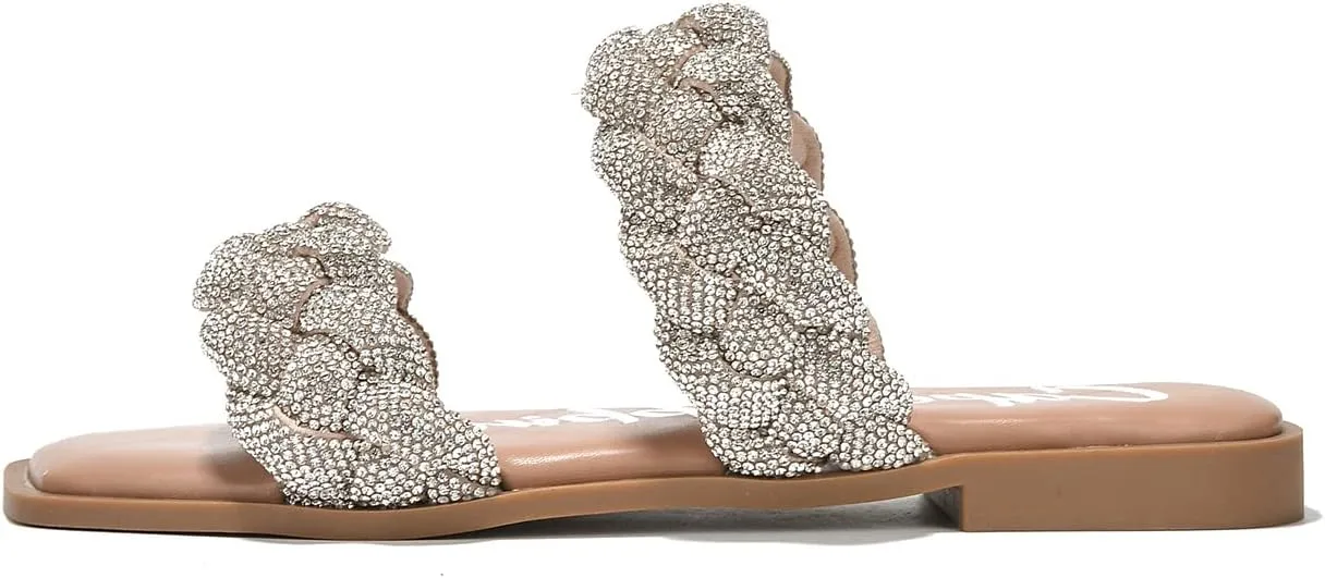 Cape Robbin Women's Slip-On Flat Sandals - Rhinestone-Embellished Braided Upper (Mana)