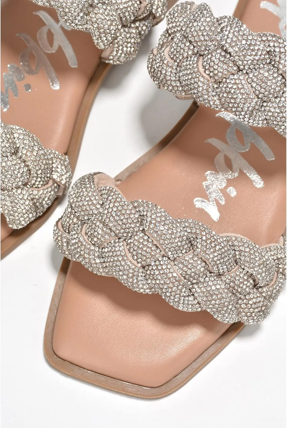 Cape Robbin Women's Slip-On Flat Sandals - Rhinestone-Embellished Braided Upper (Mana)