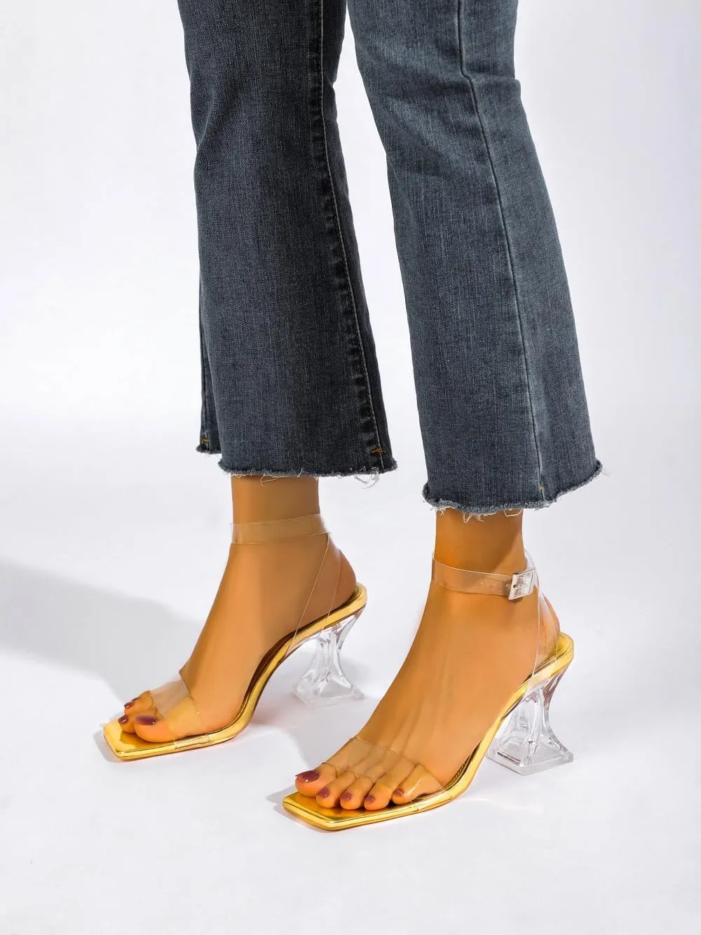 Clear Heels for Women Chunky Heel Sexy Open Square Toe Clear Ankle Strap Block Low Heeled Sandals