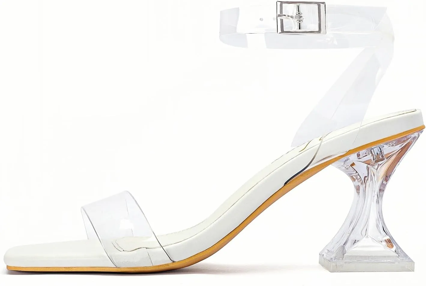 Clear Heels for Women Chunky Heel Sexy Open Square Toe Clear Ankle Strap Block Low Heeled Sandals
