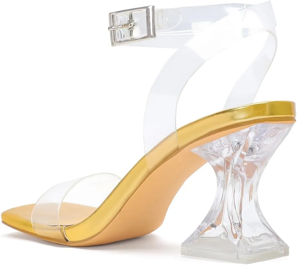Clear Heels for Women Chunky Heel Sexy Open Square Toe Clear Ankle Strap Block Low Heeled Sandals