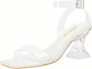 Clear Heels for Women Chunky Heel Sexy Open Square Toe Clear Ankle Strap Block Low Heeled Sandals