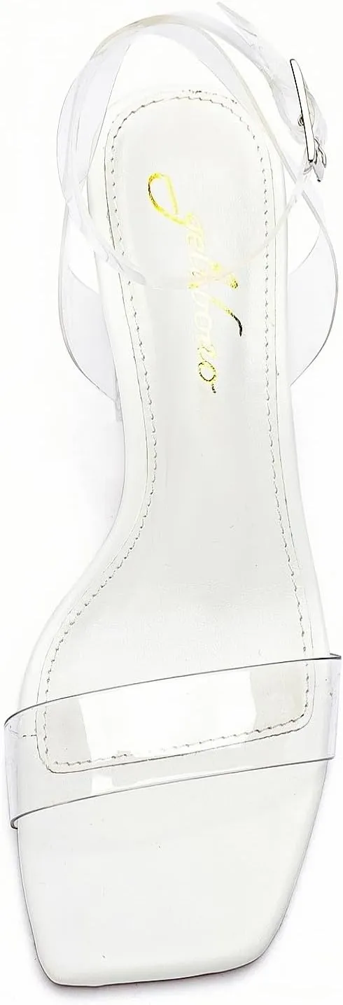 Clear Heels for Women Chunky Heel Sexy Open Square Toe Clear Ankle Strap Block Low Heeled Sandals