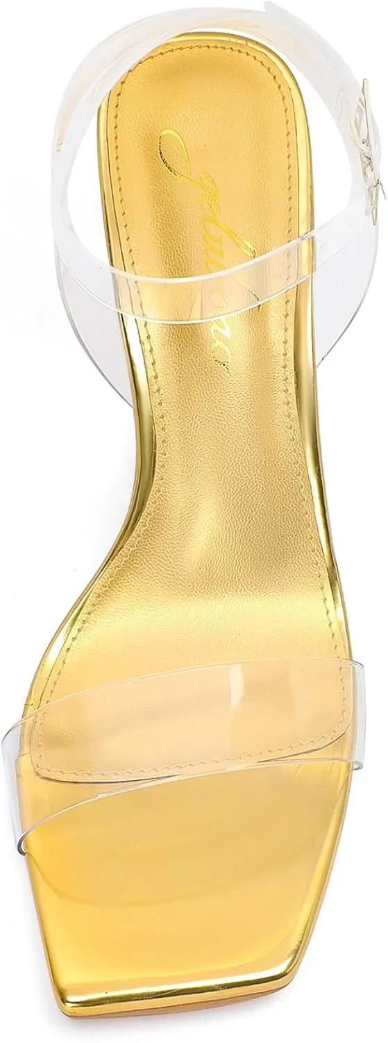 Clear Heels for Women Chunky Heel Sexy Open Square Toe Clear Ankle Strap Block Low Heeled Sandals