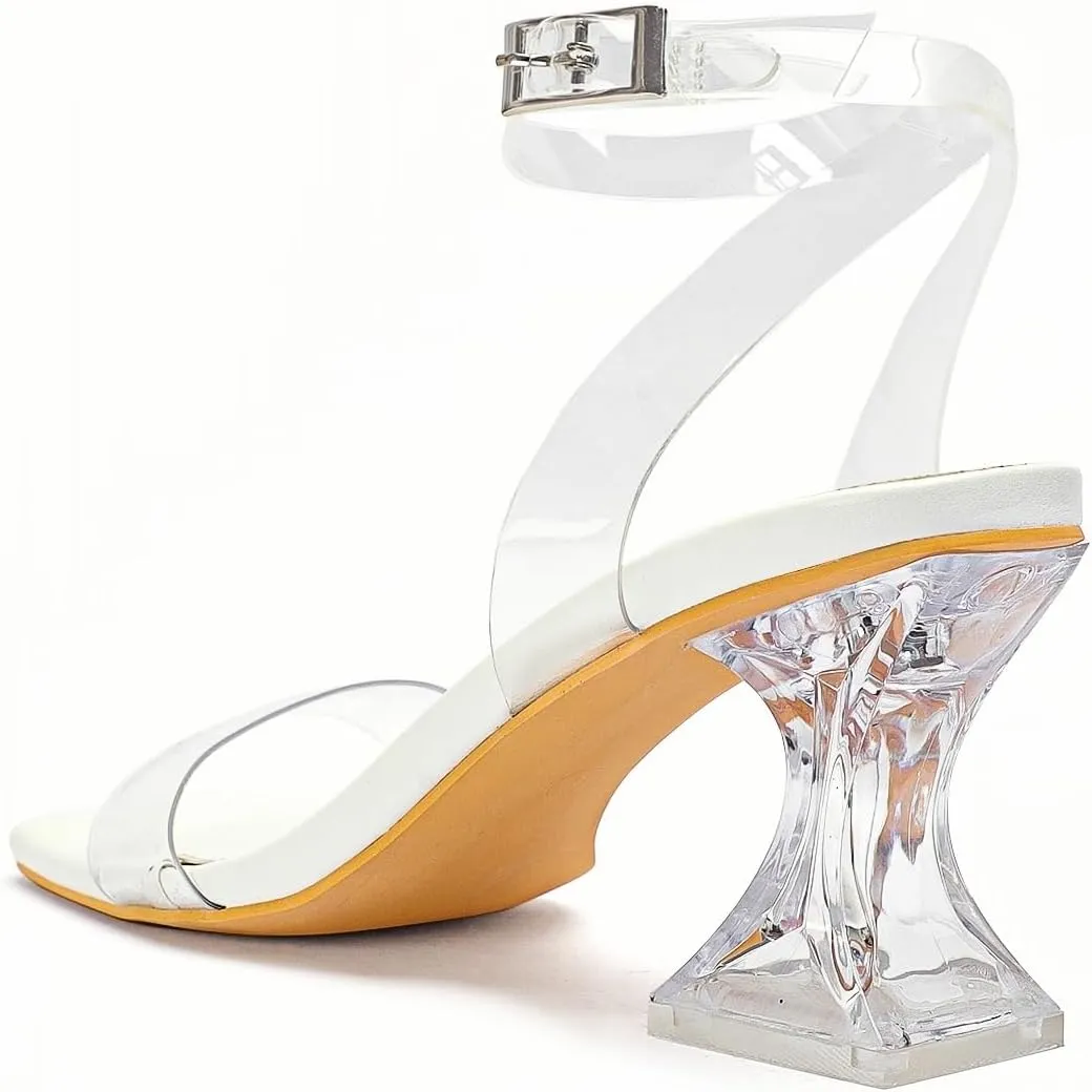 Clear Heels for Women Chunky Heel Sexy Open Square Toe Clear Ankle Strap Block Low Heeled Sandals