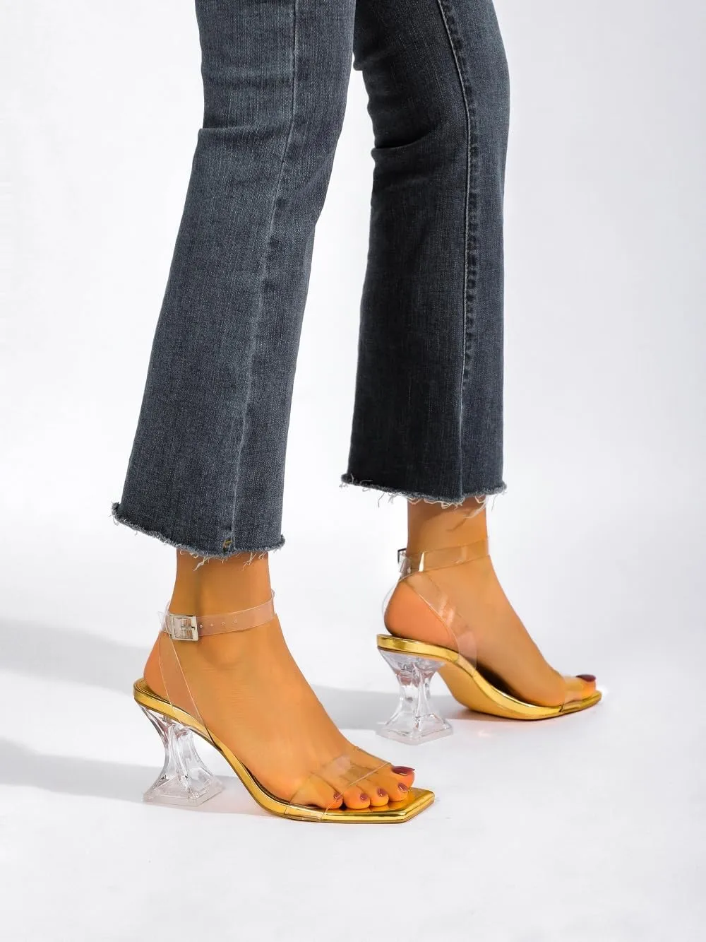 Clear Heels for Women Chunky Heel Sexy Open Square Toe Clear Ankle Strap Block Low Heeled Sandals