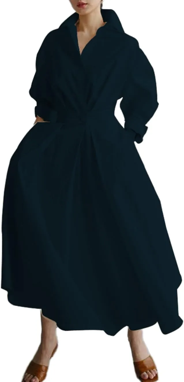 Cotton Linen Shirt Dress for Womens Pleated Button Long Dress Long Sleeve A-line Loose Swing Dress with Pockets