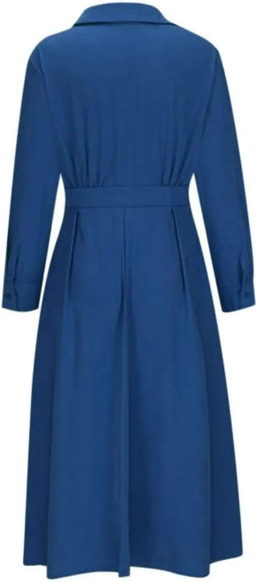 Cotton Linen Shirt Dress for Womens Pleated Button Long Dress Long Sleeve A-line Loose Swing Dress with Pockets