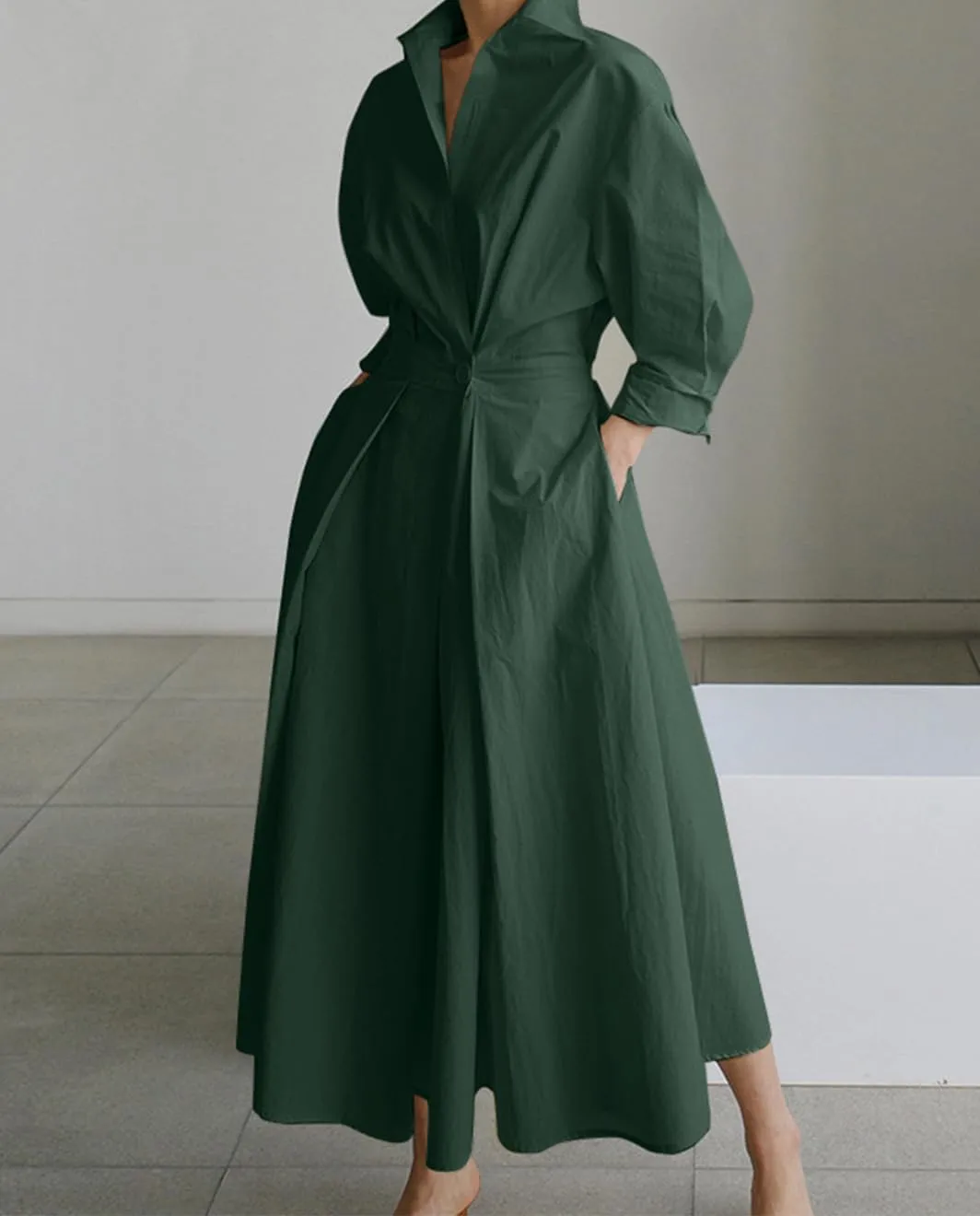 Cotton Linen Shirt Dress for Womens Pleated Button Long Dress Long Sleeve A-line Loose Swing Dress with Pockets