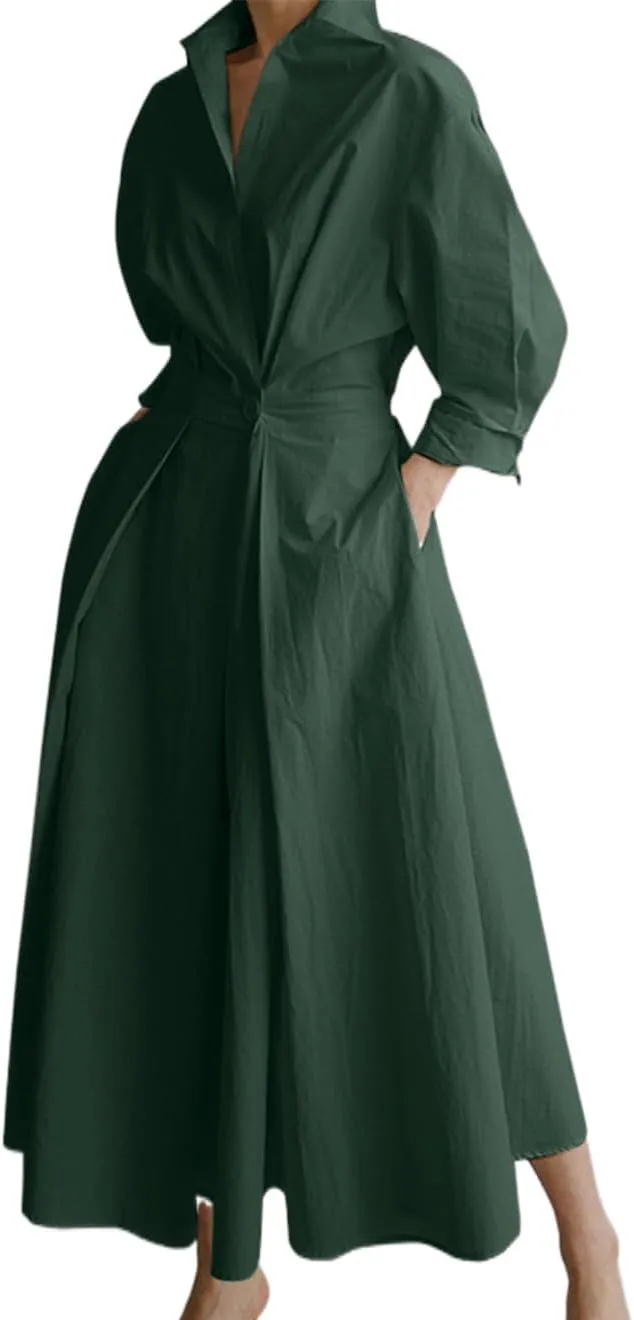 Cotton Linen Shirt Dress for Womens Pleated Button Long Dress Long Sleeve A-line Loose Swing Dress with Pockets