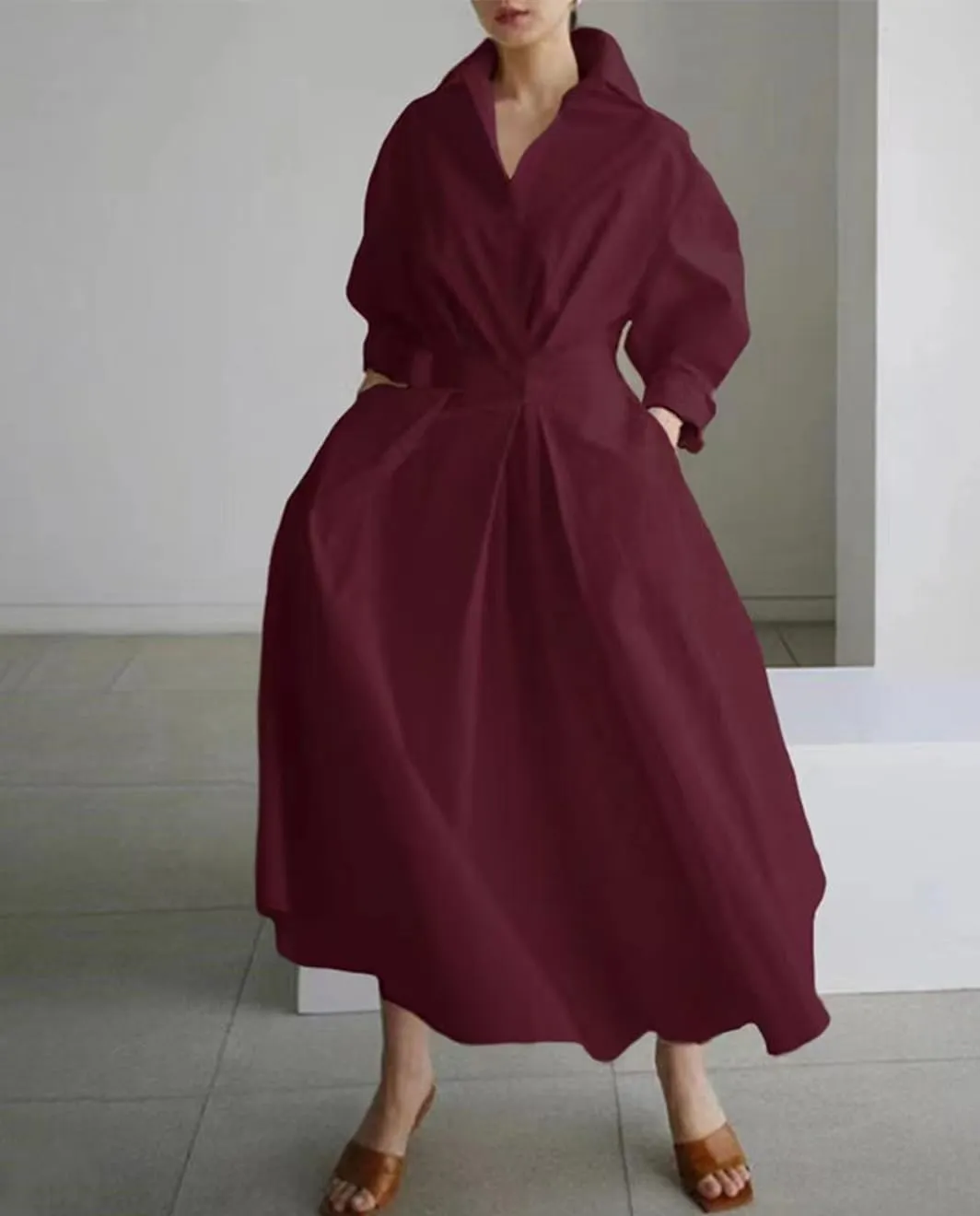 Cotton Linen Shirt Dress for Womens Pleated Button Long Dress Long Sleeve A-line Loose Swing Dress with Pockets