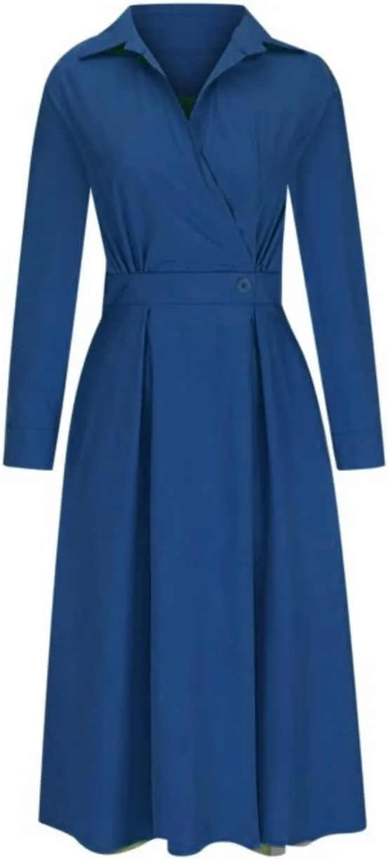 Cotton Linen Shirt Dress for Womens Pleated Button Long Dress Long Sleeve A-line Loose Swing Dress with Pockets
