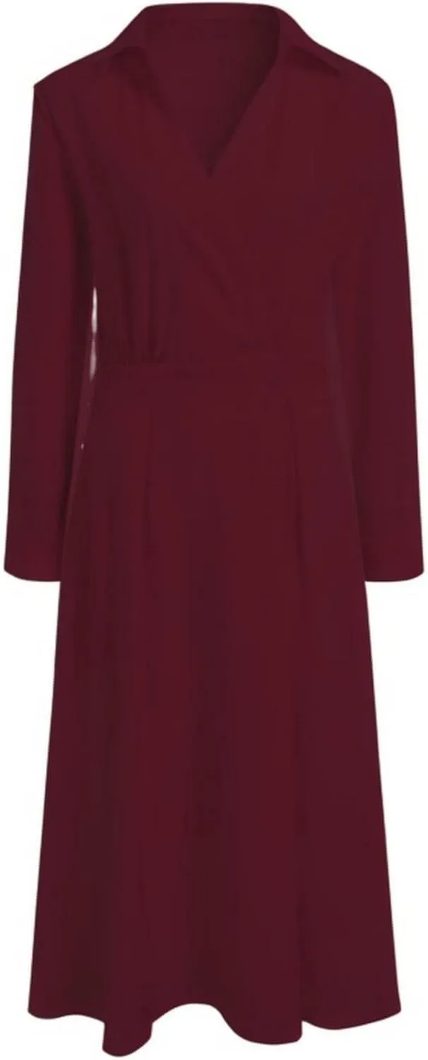 Cotton Linen Shirt Dress for Womens Pleated Button Long Dress Long Sleeve A-line Loose Swing Dress with Pockets