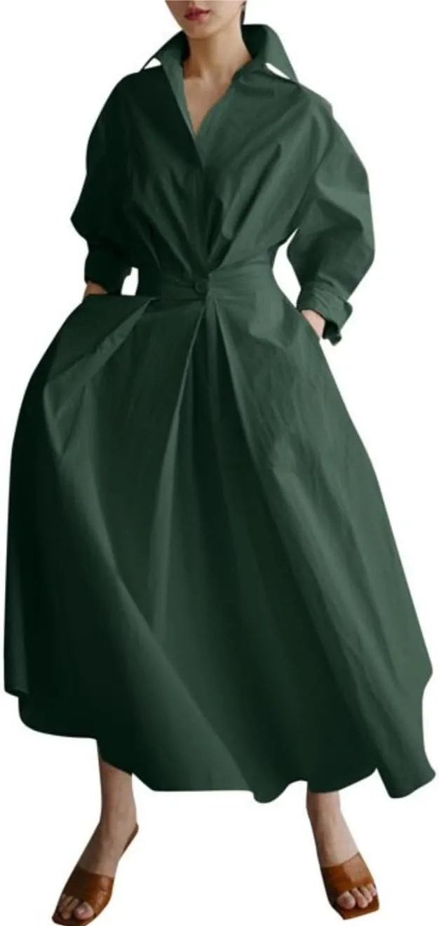 Cotton Linen Shirt Dress for Womens Pleated Button Long Dress Long Sleeve A-line Loose Swing Dress with Pockets