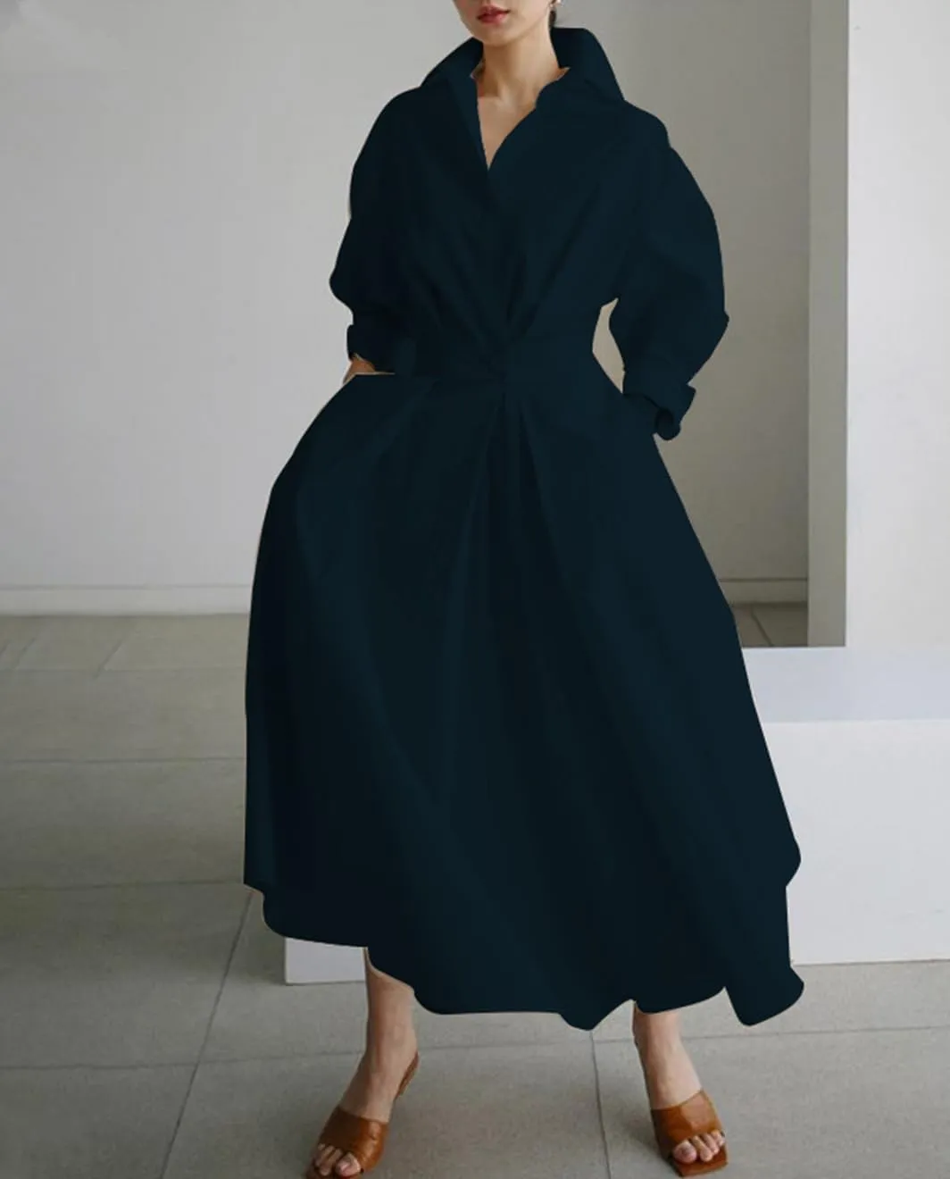 Cotton Linen Shirt Dress for Womens Pleated Button Long Dress Long Sleeve A-line Loose Swing Dress with Pockets