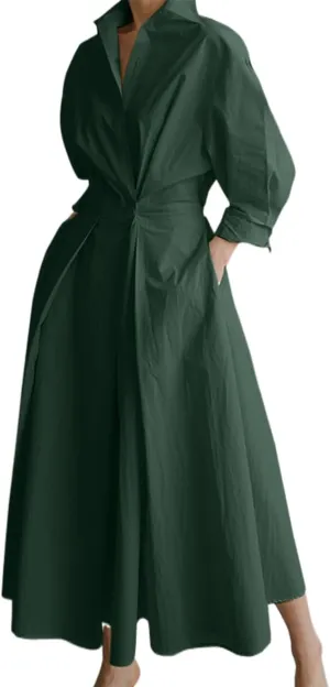 Cotton Linen Shirt Dress for Womens Pleated Button Long Dress Long Sleeve A-line Loose Swing Dress with Pockets