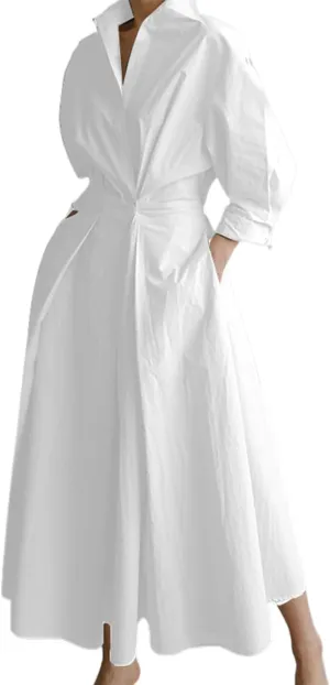 Cotton Linen Shirt Dress for Womens Pleated Button Long Dress Long Sleeve A-line Loose Swing Dress with Pockets