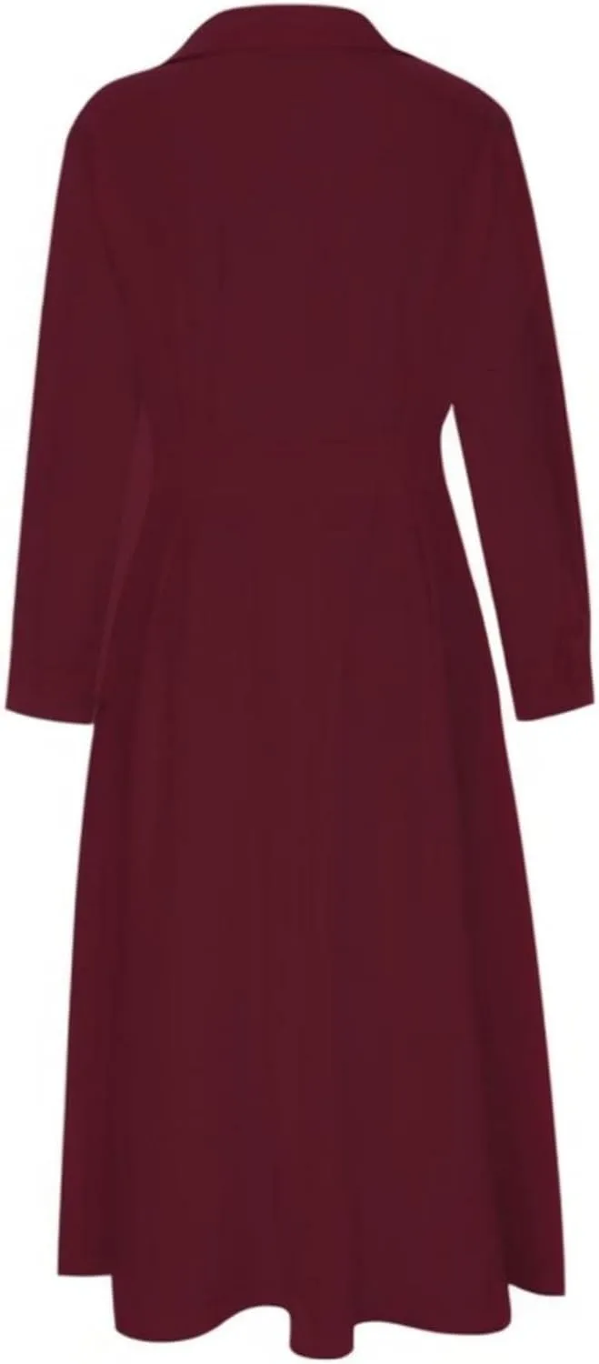 Cotton Linen Shirt Dress for Womens Pleated Button Long Dress Long Sleeve A-line Loose Swing Dress with Pockets