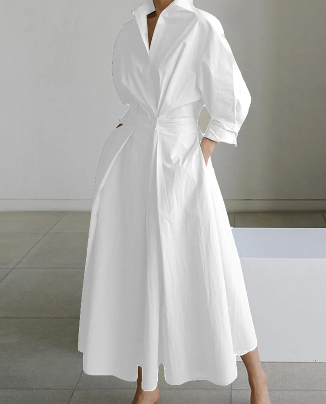 Cotton Linen Shirt Dress for Womens Pleated Button Long Dress Long Sleeve A-line Loose Swing Dress with Pockets