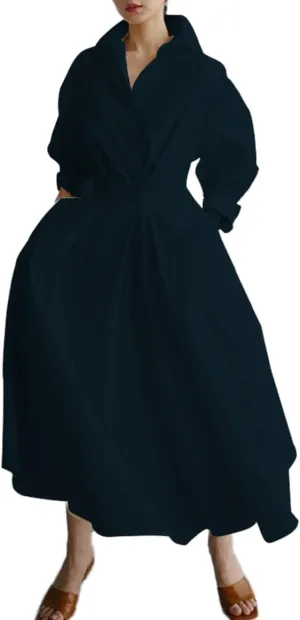 Cotton Linen Shirt Dress for Womens Pleated Button Long Dress Long Sleeve A-line Loose Swing Dress with Pockets