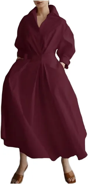 Cotton Linen Shirt Dress for Womens Pleated Button Long Dress Long Sleeve A-line Loose Swing Dress with Pockets
