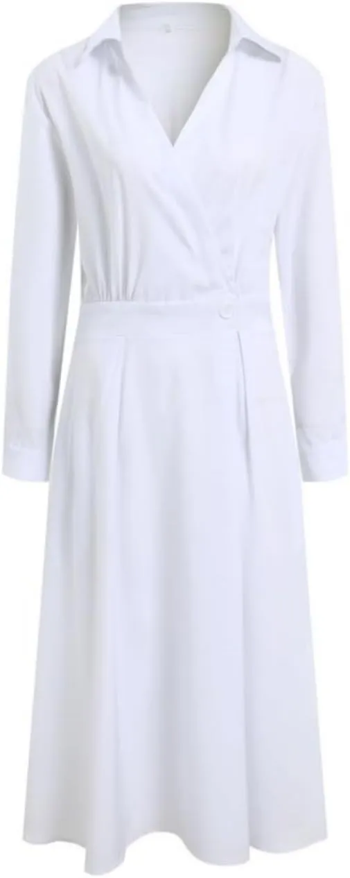 Cotton Linen Shirt Dress for Womens Pleated Button Long Dress Long Sleeve A-line Loose Swing Dress with Pockets
