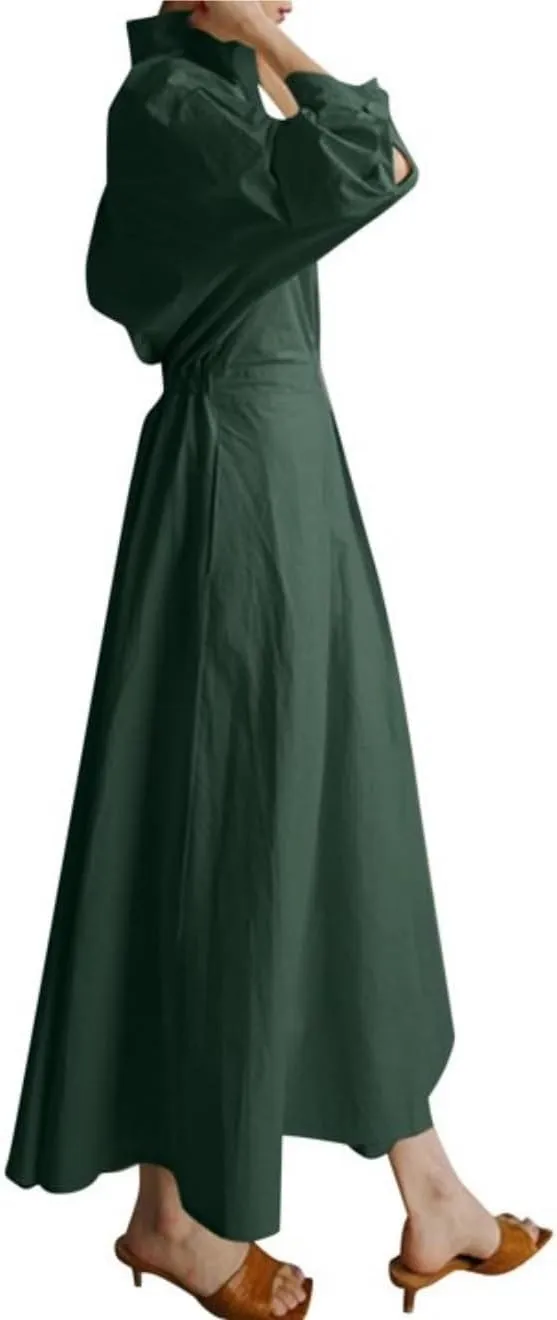 Cotton Linen Shirt Dress for Womens Pleated Button Long Dress Long Sleeve A-line Loose Swing Dress with Pockets