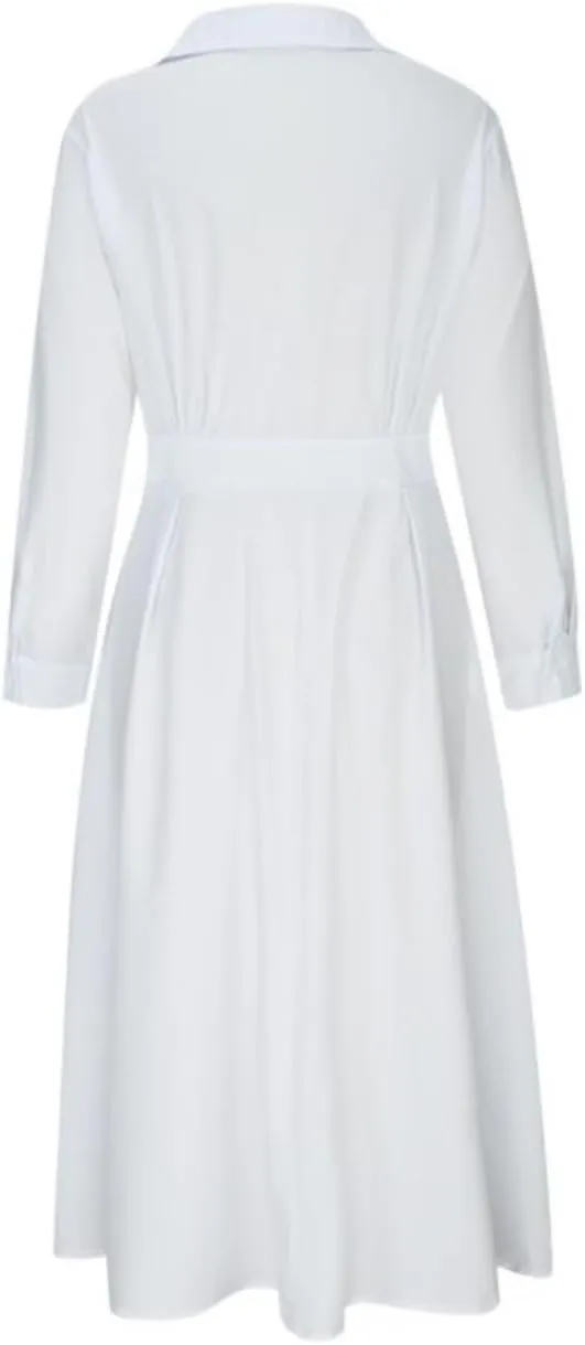Cotton Linen Shirt Dress for Womens Pleated Button Long Dress Long Sleeve A-line Loose Swing Dress with Pockets